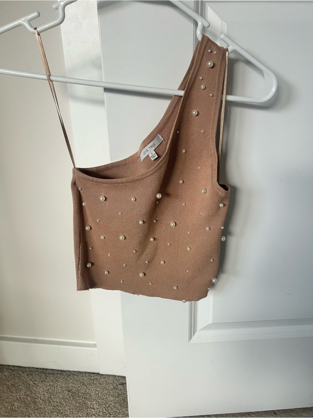 Love Tree One-Shoulder Pearl-Embellished Crop Top - Brown